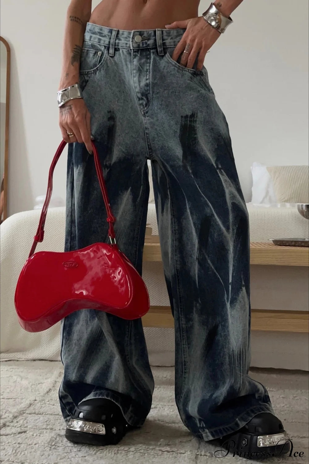 Tie Dye Wide Leg Retro Washed High Street Jeans Blue / S