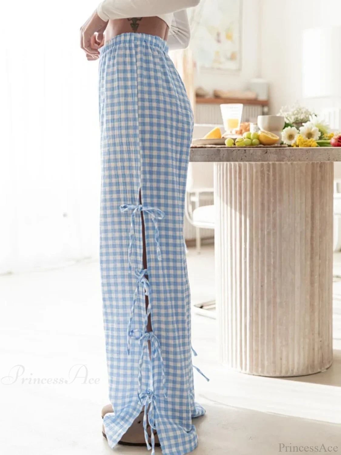 Tie-Up Plaid Stripe Loose Polyester Wide Leg Pant pant-250223