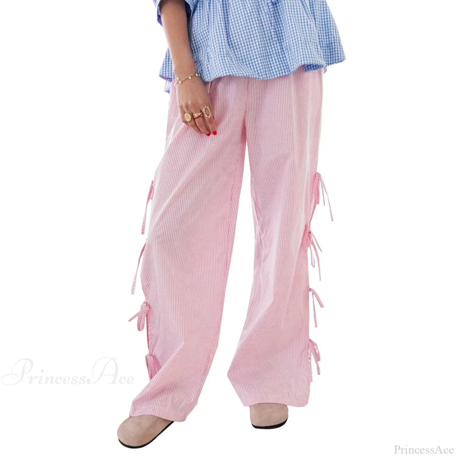 Tie-Up Plaid Stripe Loose Polyester Wide Leg Pant Pink Stripe / S pant-250223