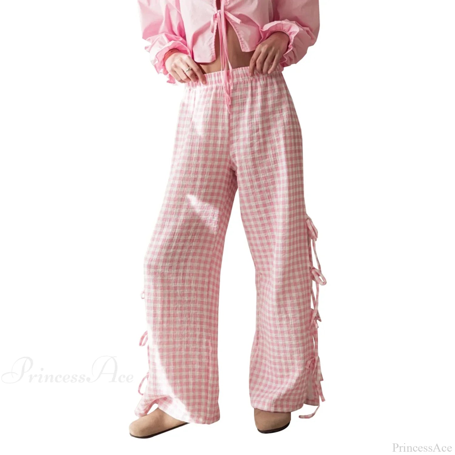Tie-Up Plaid Stripe Loose Polyester Wide Leg Pant Pink / S pant-250223