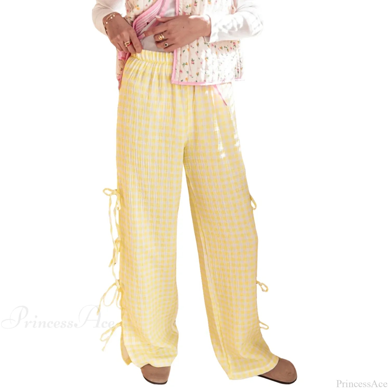 Tie-Up Plaid Stripe Loose Polyester Wide Leg Pant Yellow / S pant-250223