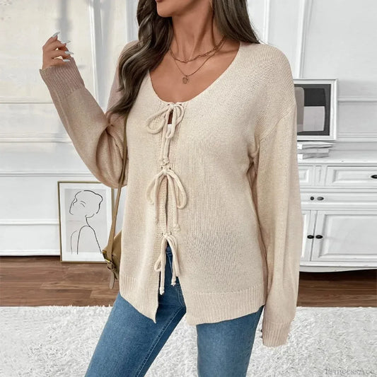 Tie-Up Round Neck Solid Sweater Coat Cardigan