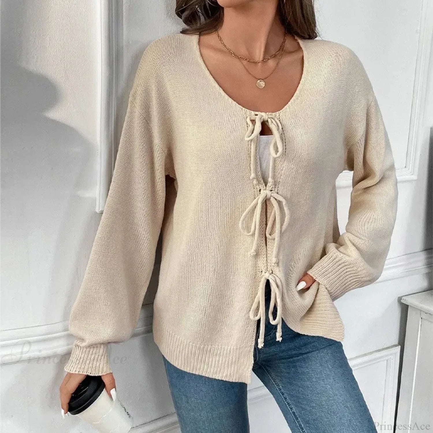 Tie-Up Round Neck Solid Sweater Coat Cardigan cardiagn-250126