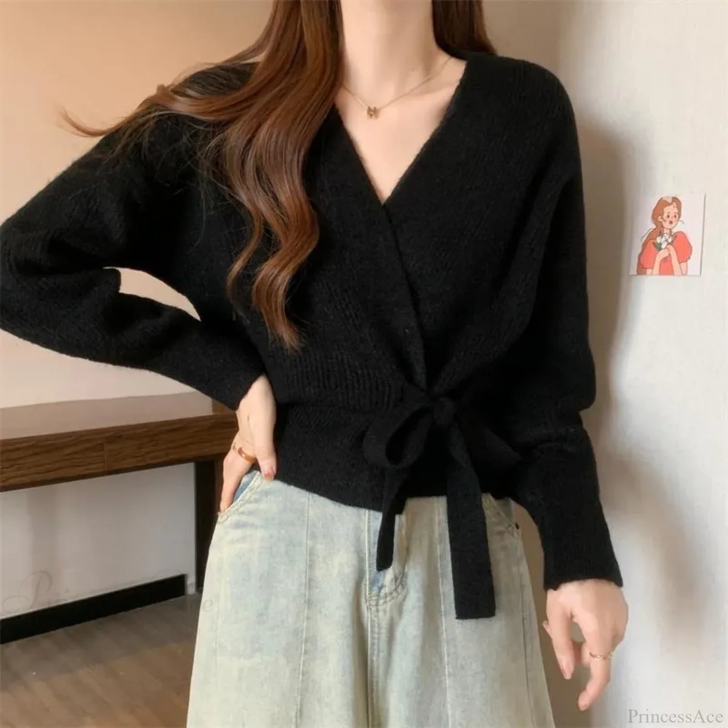 Tie-Up Waist Slimming Knit Cardigan Black / One Size