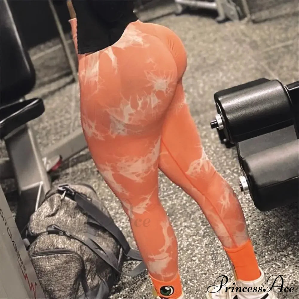 Tiedye Seamless Push Up Booty Pants Scrunch Sports Fitness High Waist Workout Yoga Leggings Orange