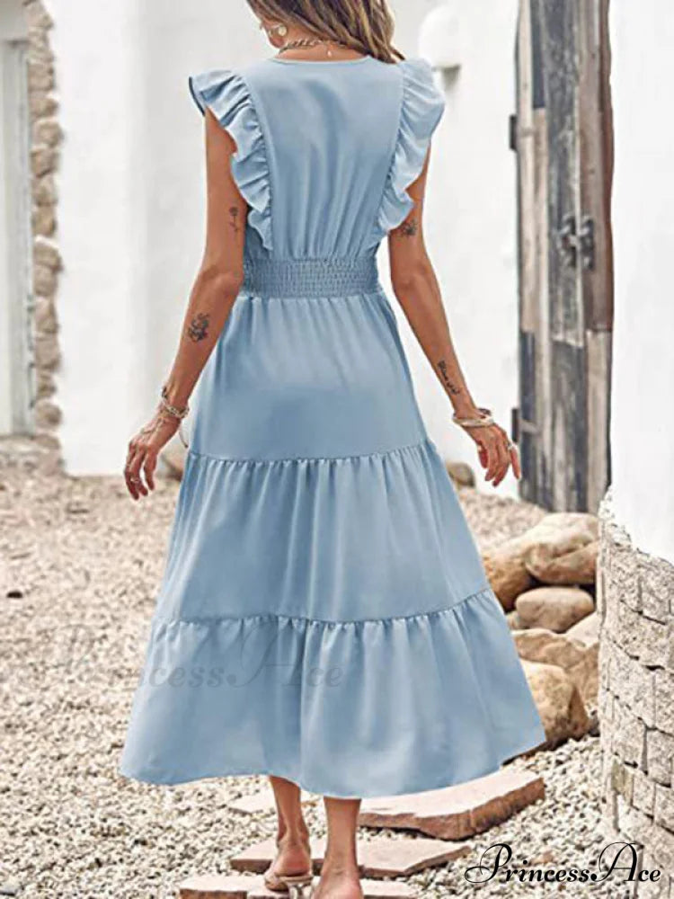 Tiered For Full-Length Flutter Color Chiffon Solid Arm Gown Women
