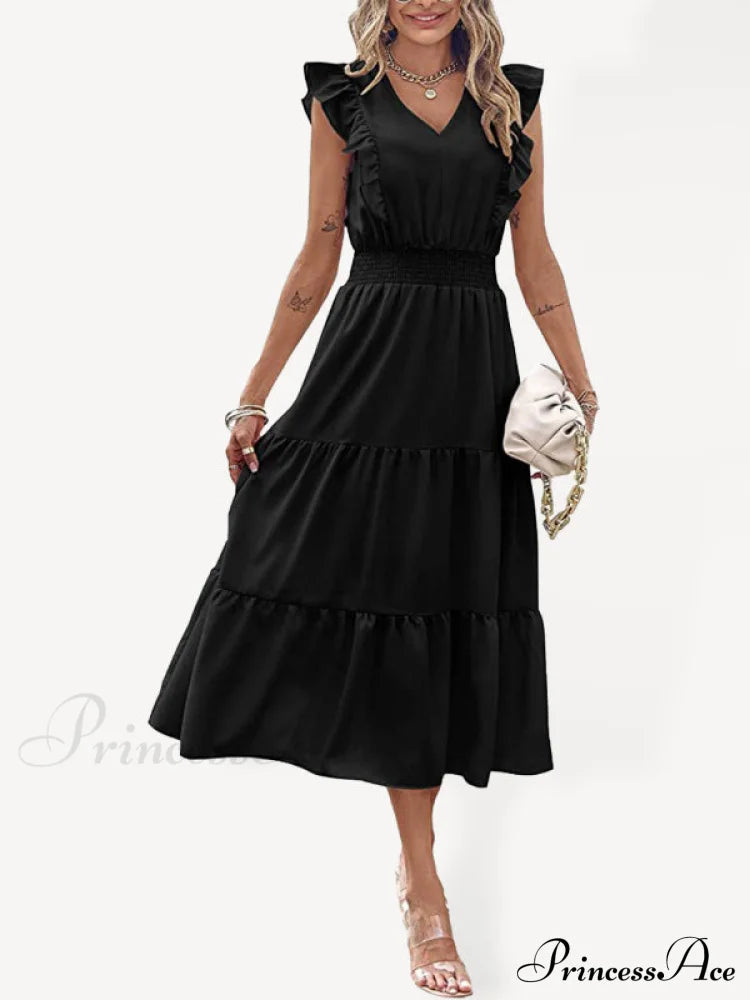 Tiered For Full-Length Flutter Color Chiffon Solid Arm Gown Women Black / S