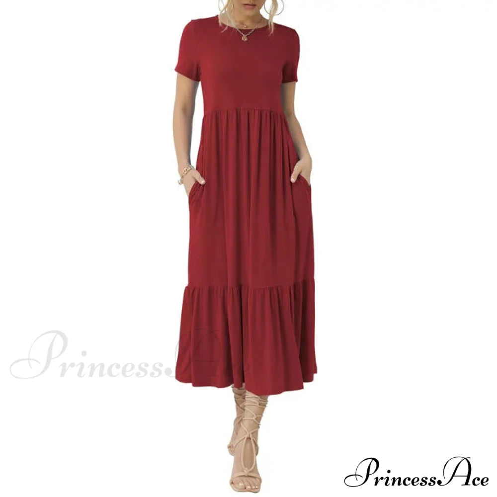 Tiered Maxi Beach Dress With Pockets - Short Sleeve M / Black Red Ruffles Maix Dress