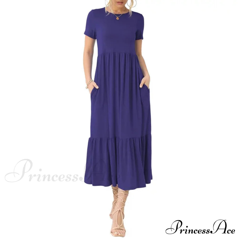 Tiered Maxi Beach Dress With Pockets - Short Sleeve M / Green Red Ruffles Maix Dress