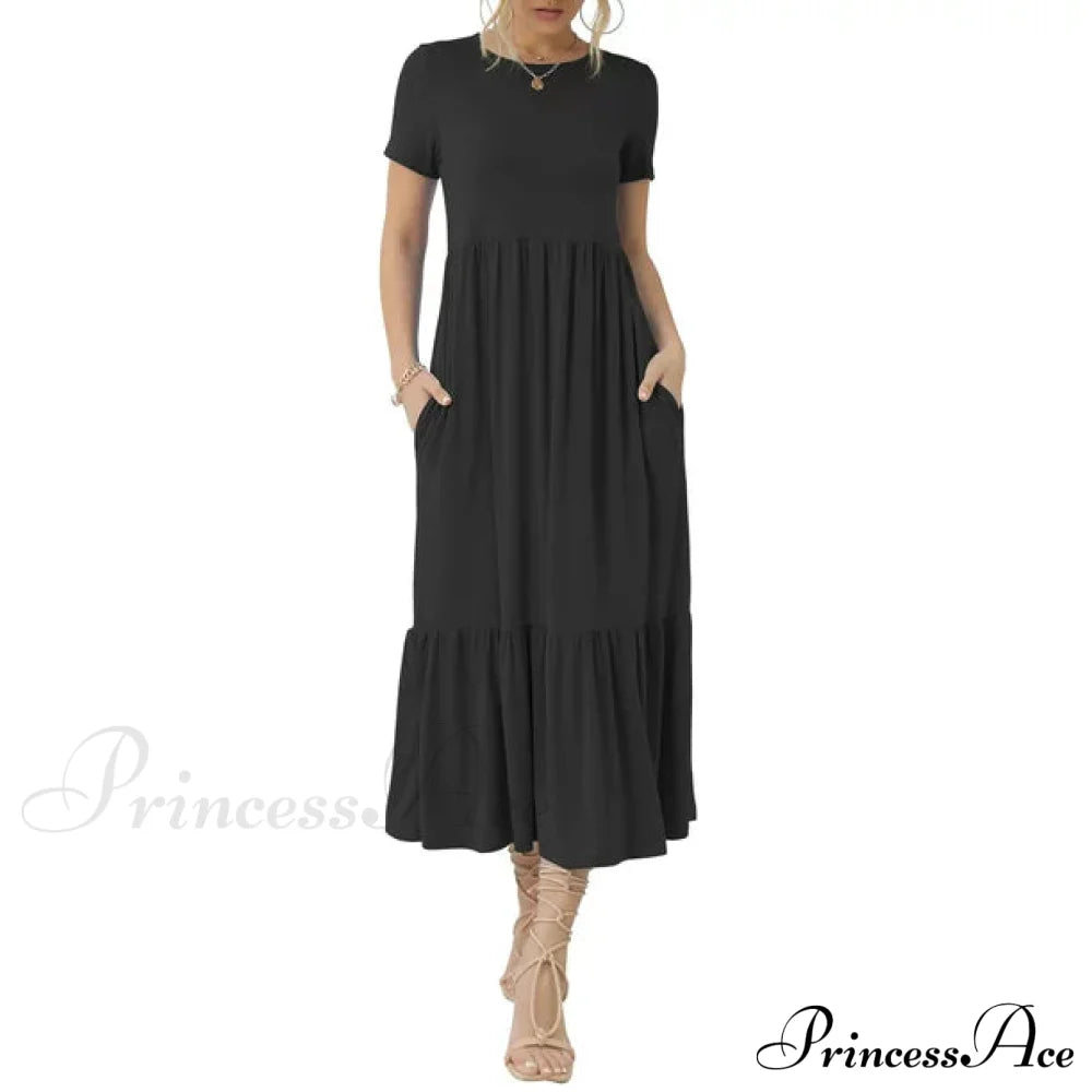 Tiered Maxi Beach Dress With Pockets - Short Sleeve M / Red Red Ruffles Maix Dress