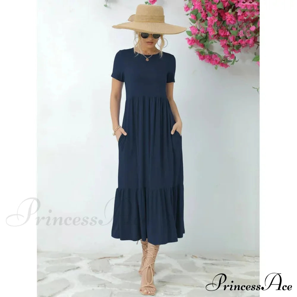 Tiered Maxi Beach Dress With Pockets - Short Sleeve S / Black Red Ruffles Maix Dress