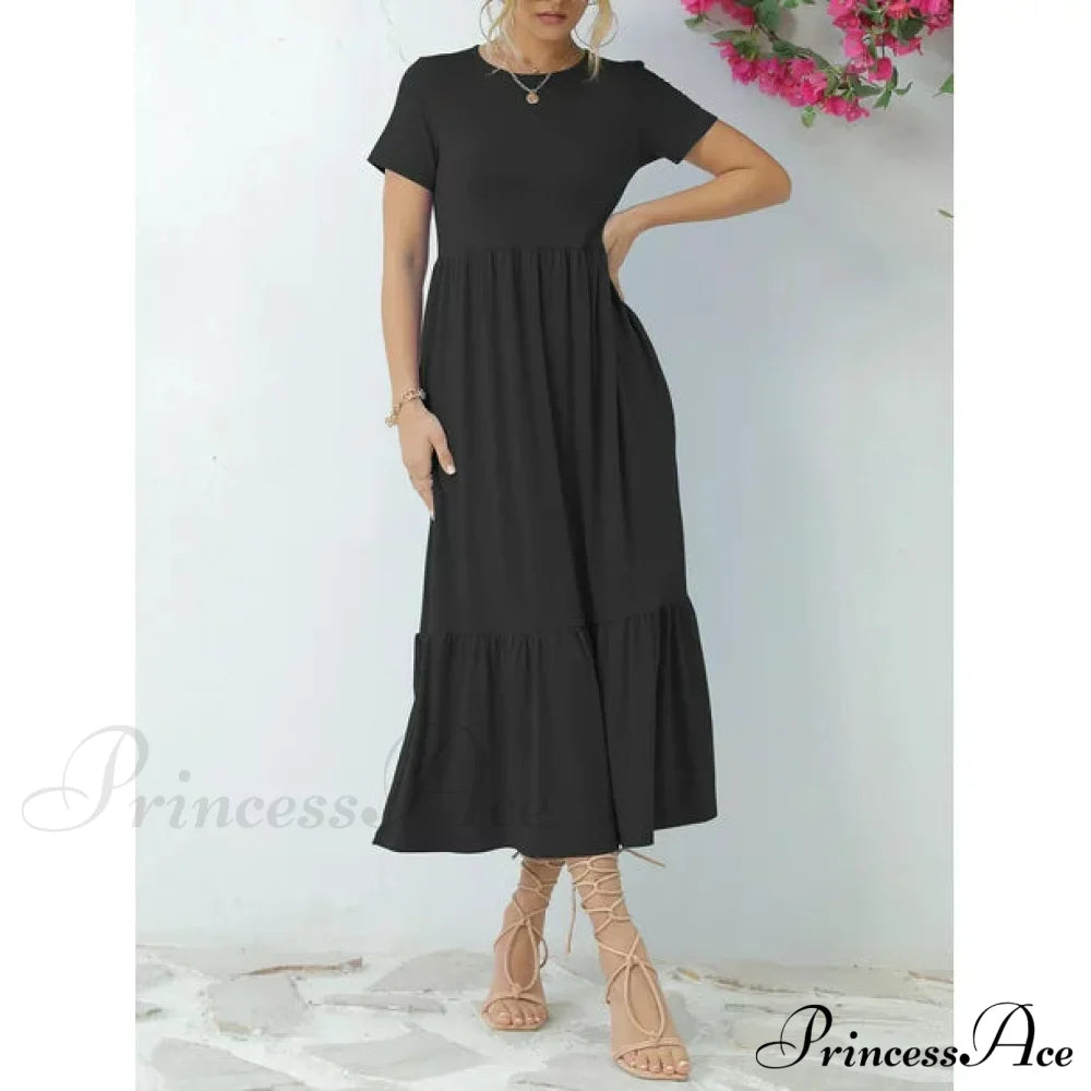 Tiered Maxi Beach Dress With Pockets - Short Sleeve S / Blue Red Ruffles Maix Dress