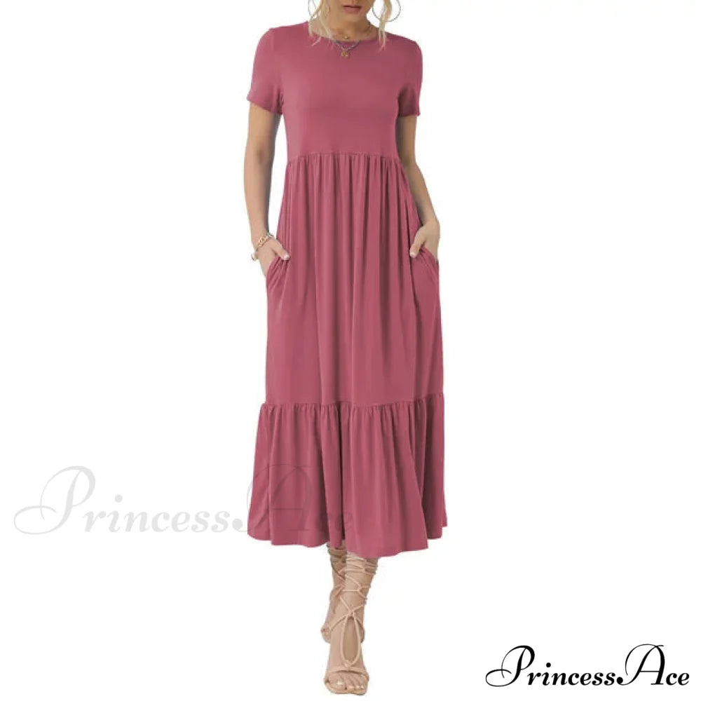 Tiered Maxi Beach Dress With Pockets - Short Sleeve S / Green Red Ruffles Maix Dress