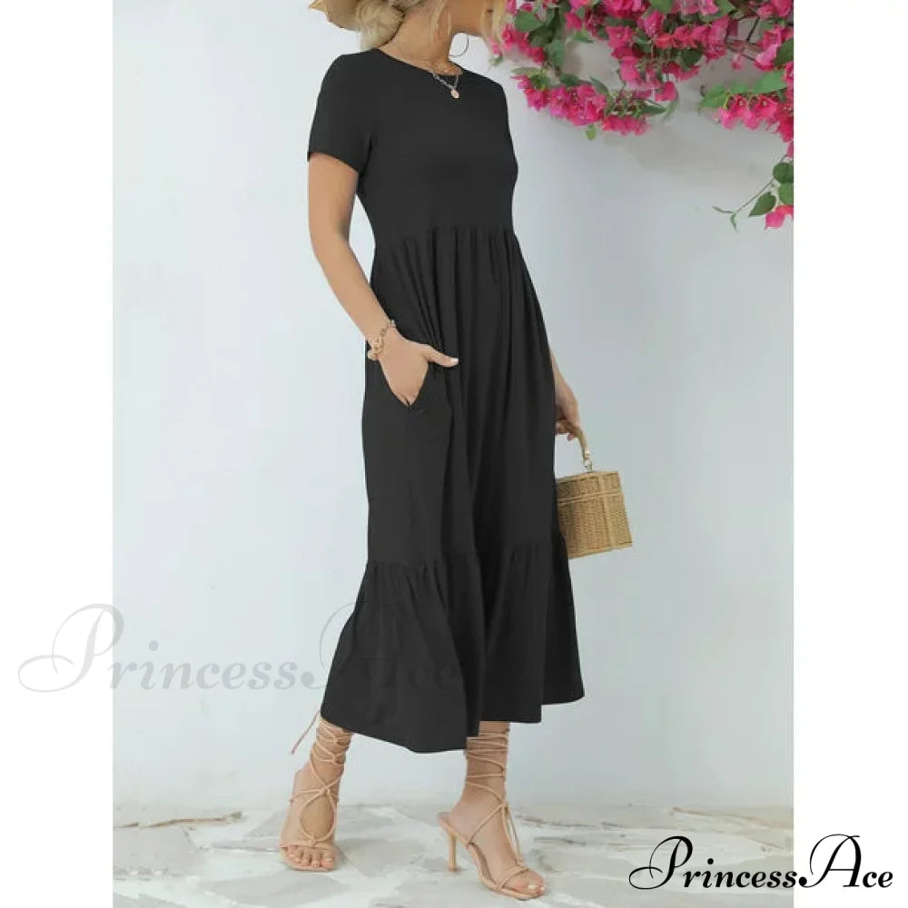 Tiered Maxi Beach Dress With Pockets - Short Sleeve S / Pink Red Ruffles Maix Dress