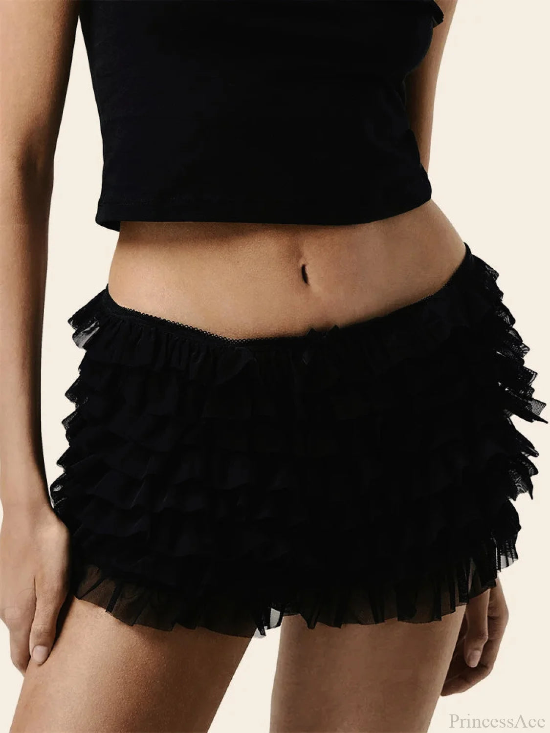 Tiered Ruffle Bow Patchwork Short black / S short-250223