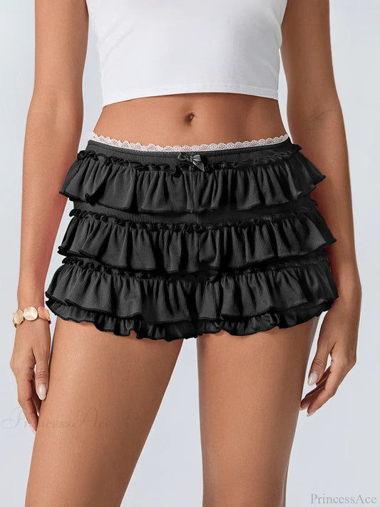 Tiered Ruffled Elastic Waist Short Black / S short-250223