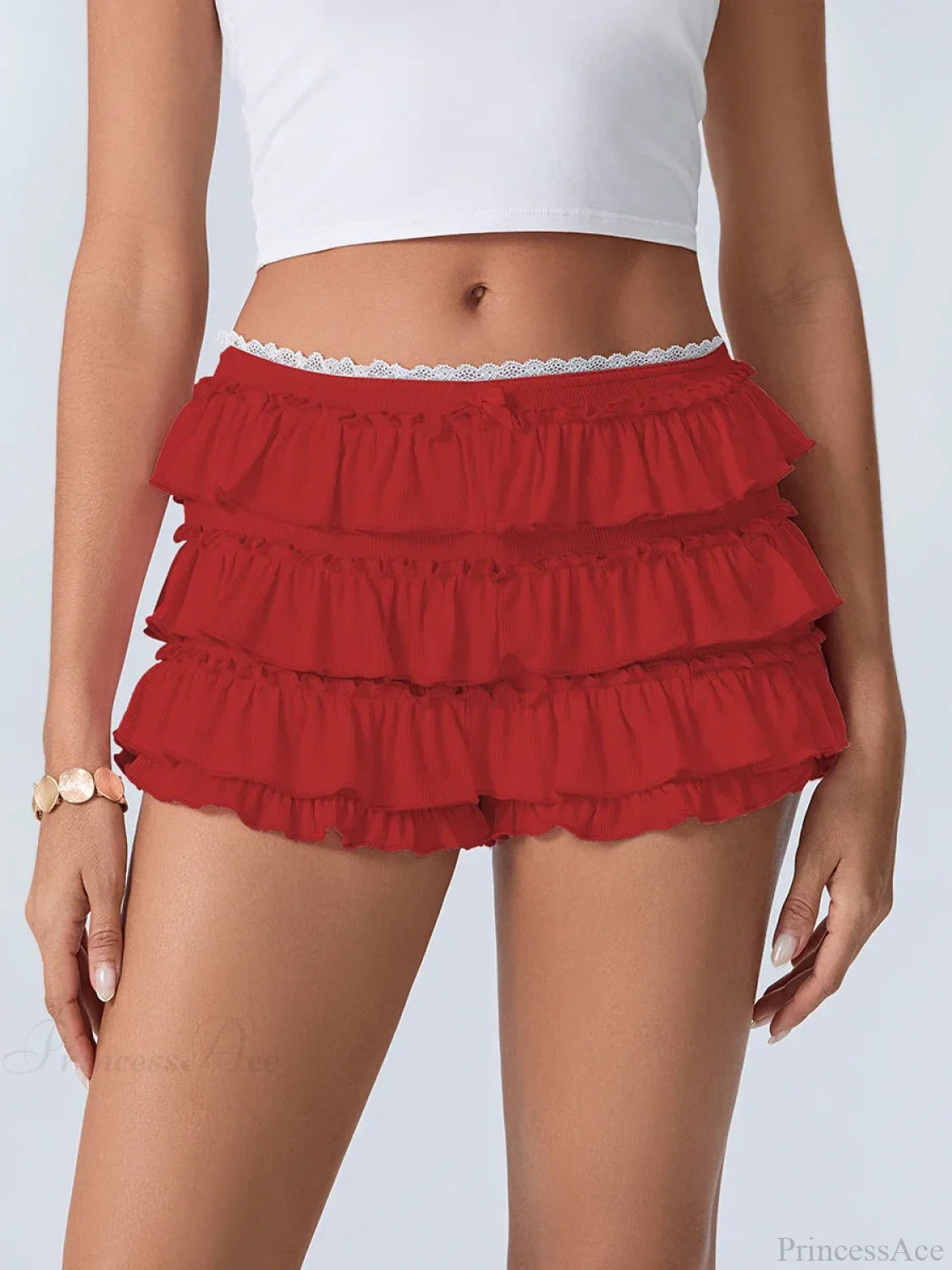 Tiered Ruffled Elastic Waist Short Red / S short-250223