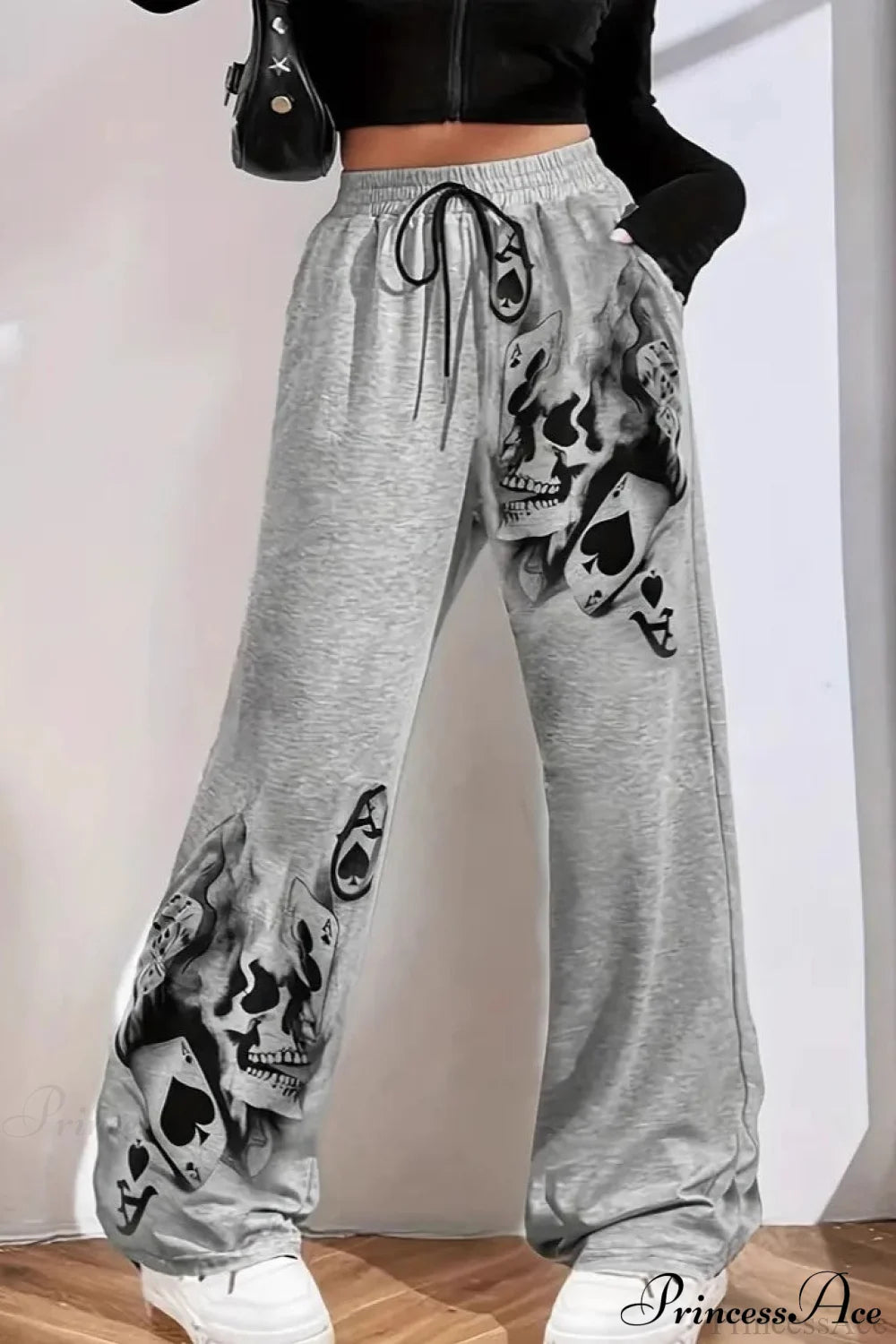 Tire Track Print Drawstring Loose Wide-Leg Pants Gray / S