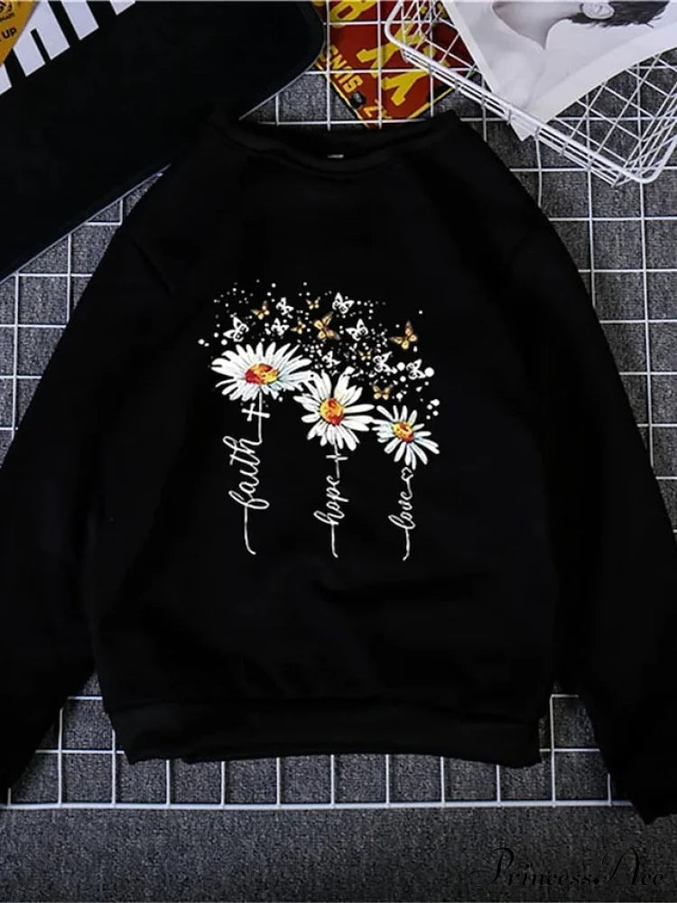 Top - & Neck Pullover Long Fall Black Pink Round Sweatshirt Arm Butterfly Yellow Women’s Flowered