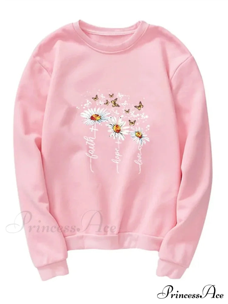 Top - & Neck Pullover Long Fall Black Pink Round Sweatshirt Arm Butterfly Yellow Women’s Flowered