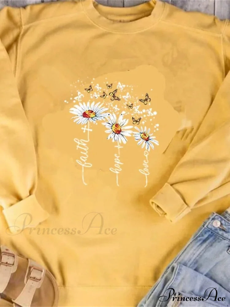Top - & Neck Pullover Long Fall Black Pink Round Sweatshirt Arm Butterfly Yellow Women’s Flowered