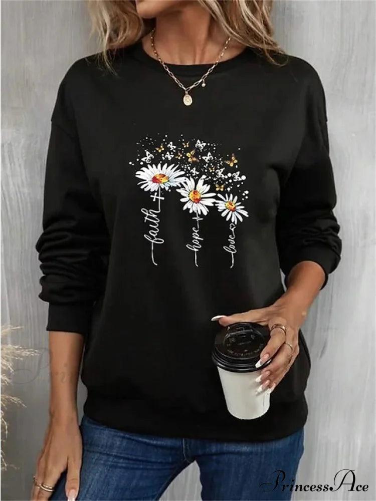 Top - & Neck Pullover Long Fall Black Pink Round Sweatshirt Arm Butterfly Yellow Women’s Flowered