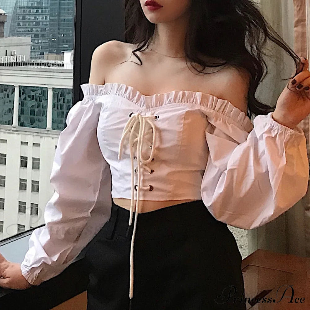 Top Sleeves Lace Ruffle Puff Tops Long Crop Vintage Arm Up Bandage Blouse Shoulder Ladies Black Off