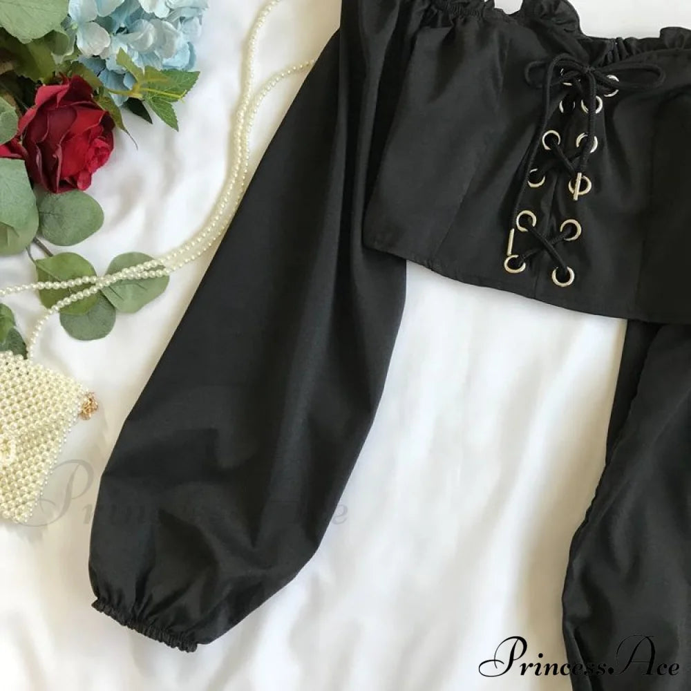 Top Sleeves Lace Ruffle Puff Tops Long Crop Vintage Arm Up Bandage Blouse Shoulder Ladies Black Off