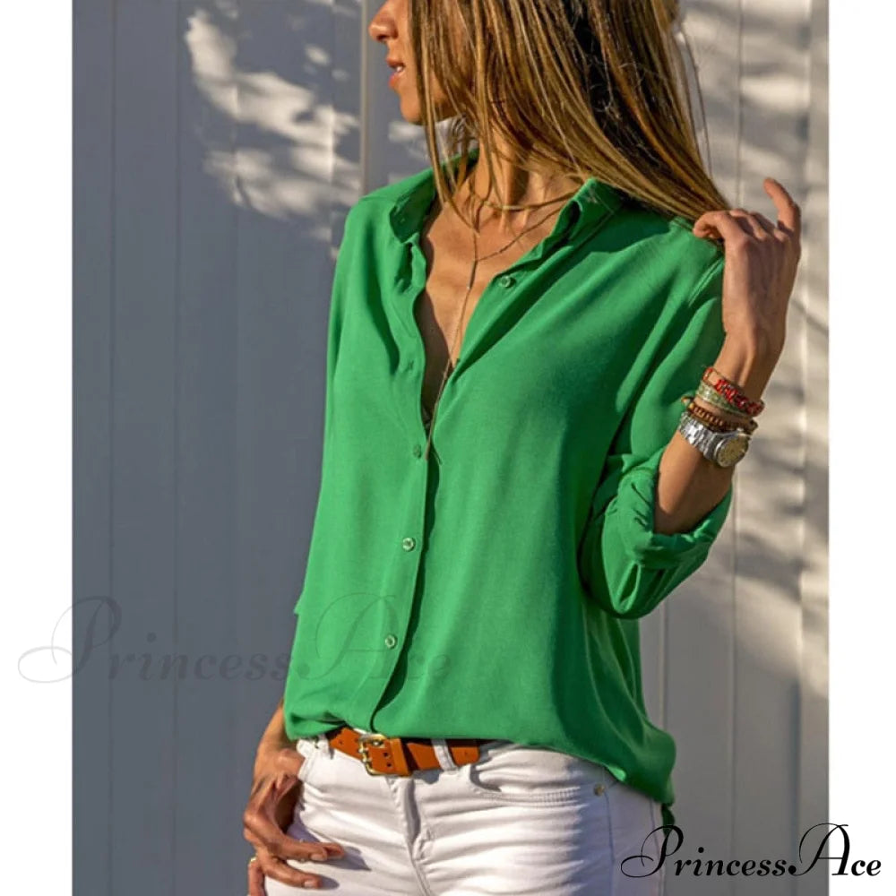 Tops Female Office Warm-Season Blouse Women V-Neck Casual Solid Shirts Chiffon Regular Green / S
