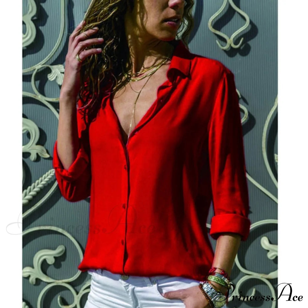 Tops Female Office Warm-Season Blouse Women V-Neck Casual Solid Shirts Chiffon Regular Red / S