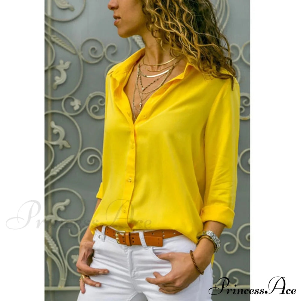 Tops Female Office Warm-Season Blouse Women V-Neck Casual Solid Shirts Chiffon Regular Yellow / S