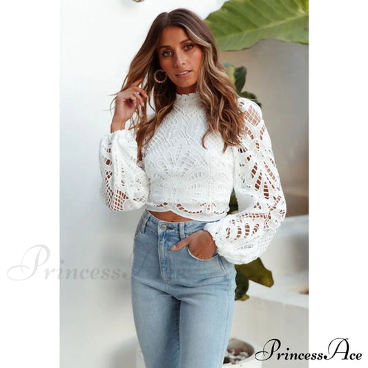 Tops Lace Blouse White Cropped Women’s Turtleneck 16296