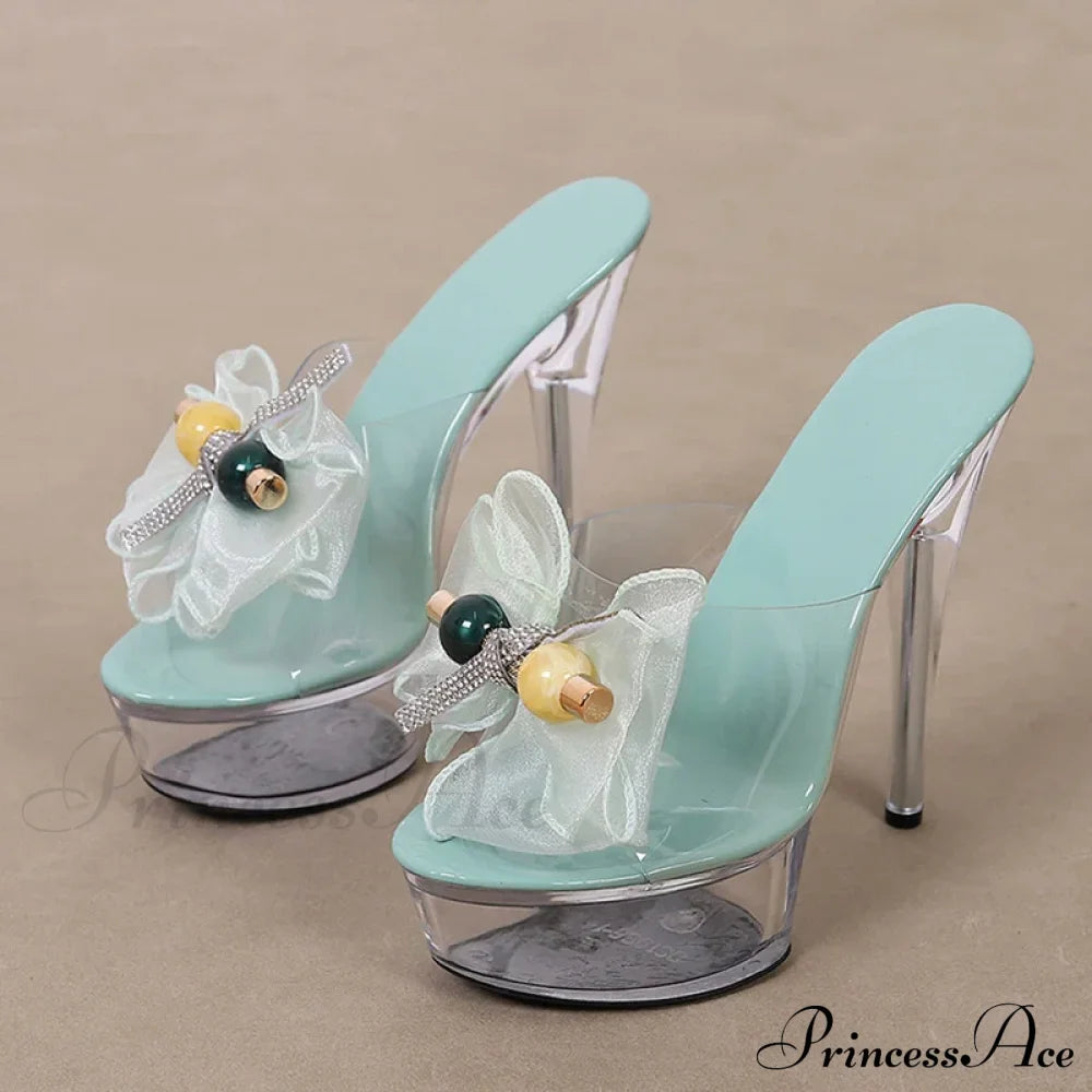 Transparent Platform Slipper For Women Mesh Bowknot Open Toe Super High Heels Party Stripper Shoes