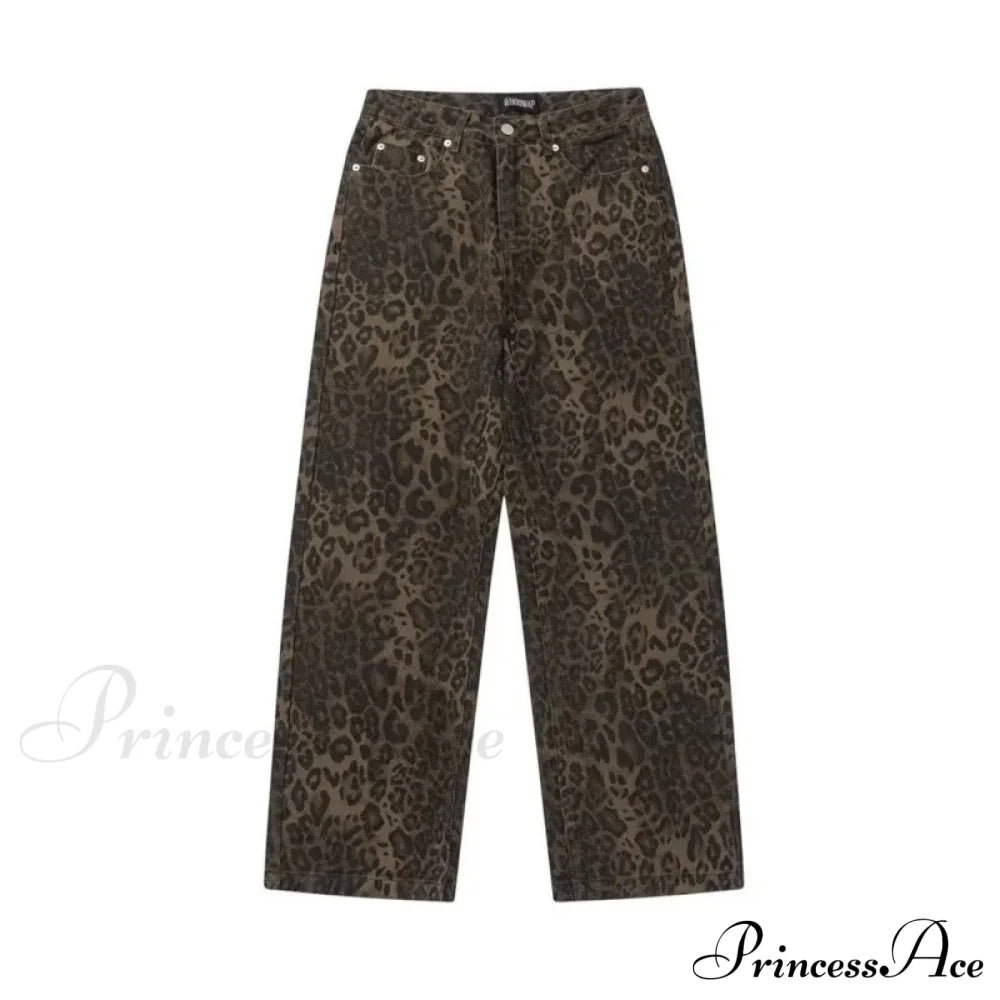 Trendy Autumnal American Retro Leopard Print Niche Design Casual Straight Wide-Leg Pants Jean