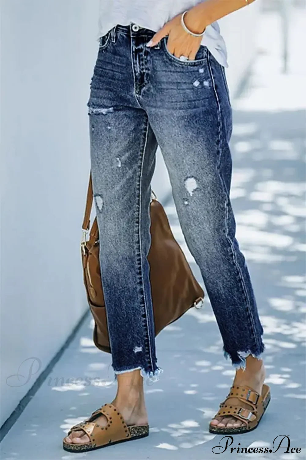 Trendy Casual Blue High Waist Streetwear Ripped Fashion Denim Jean Dark / S