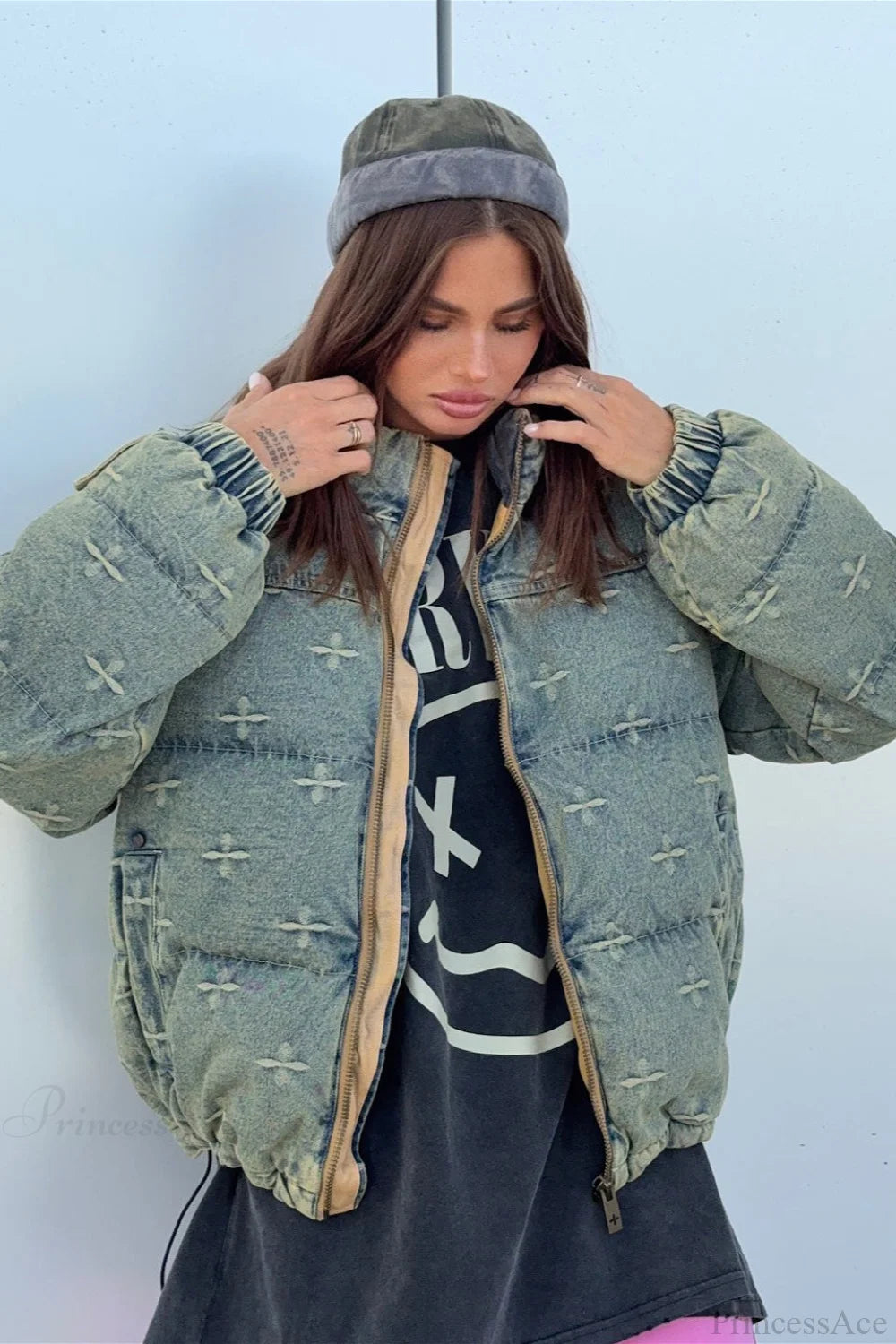 Trendy Distressed Cross Embroidered Coat Grey / S