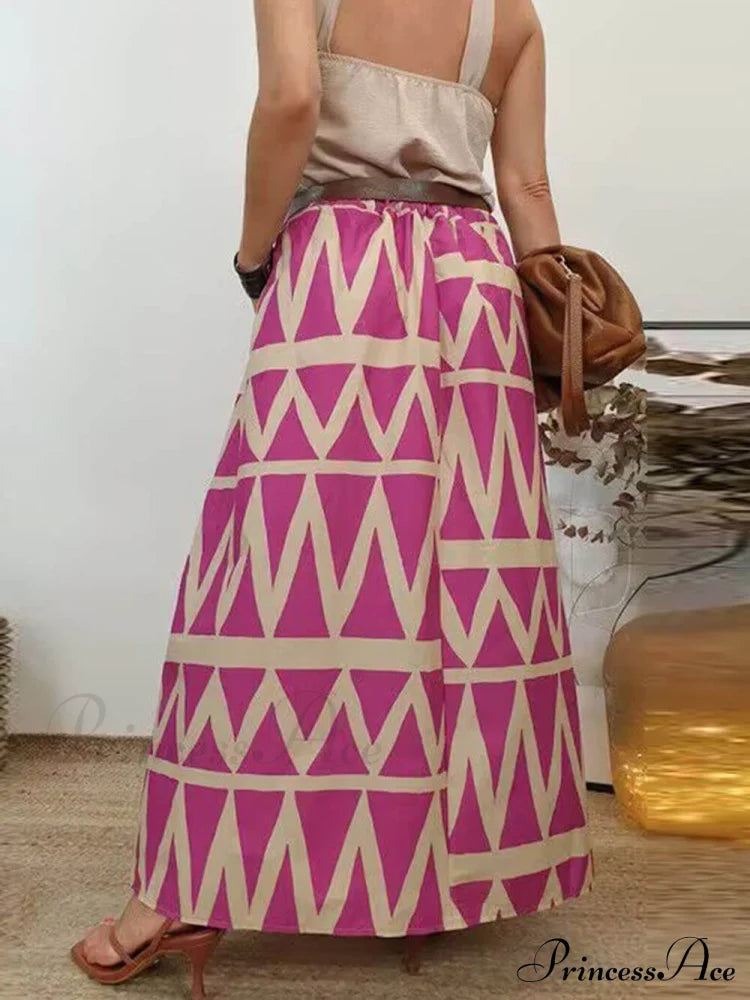 Triangle Printed Back Waist Graceful Elasticated Pocket Maxi Skirt Dresses