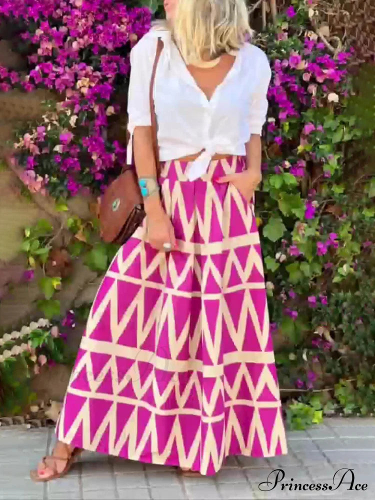 Triangle Printed Back Waist Graceful Elasticated Pocket Maxi Skirt Rose Red / S Dresses