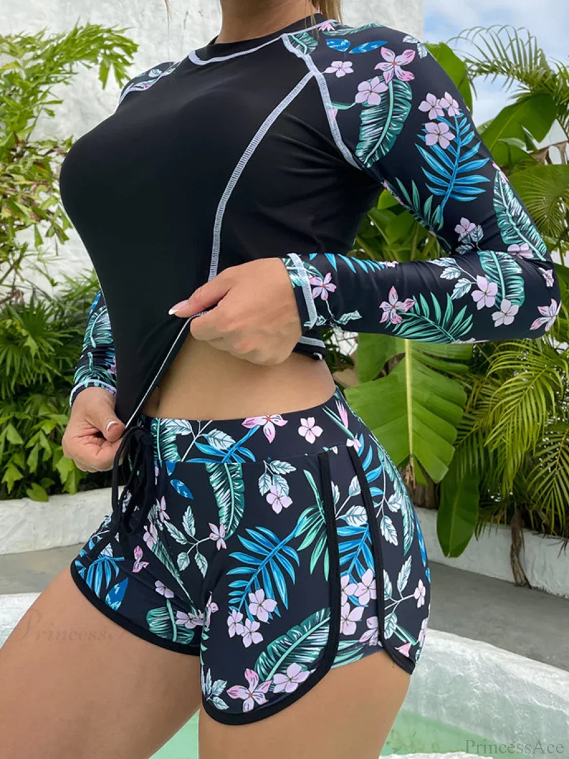 Tropical Print Rashguard Two Piece Set Black Floral / S