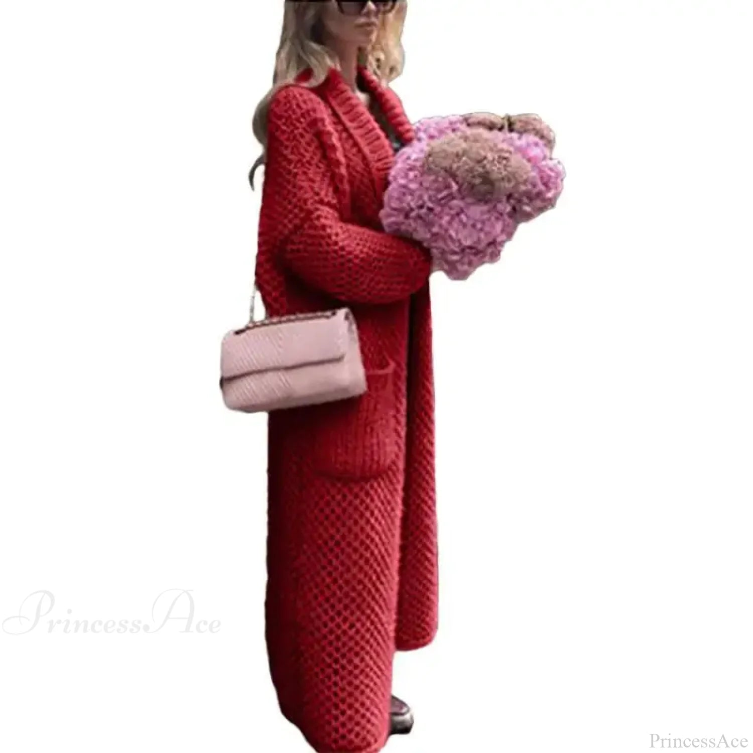 Turn Down Collar Knitted Cardigan Red / S