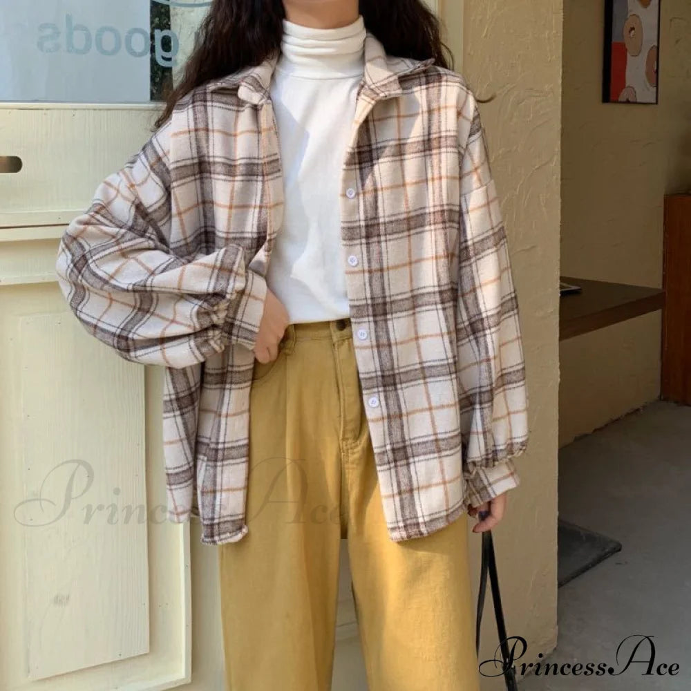 Turn-Down Style Spring - Women’s Plaid Outwear Loose 4 Neckline Blouse Harajuku With Fit
