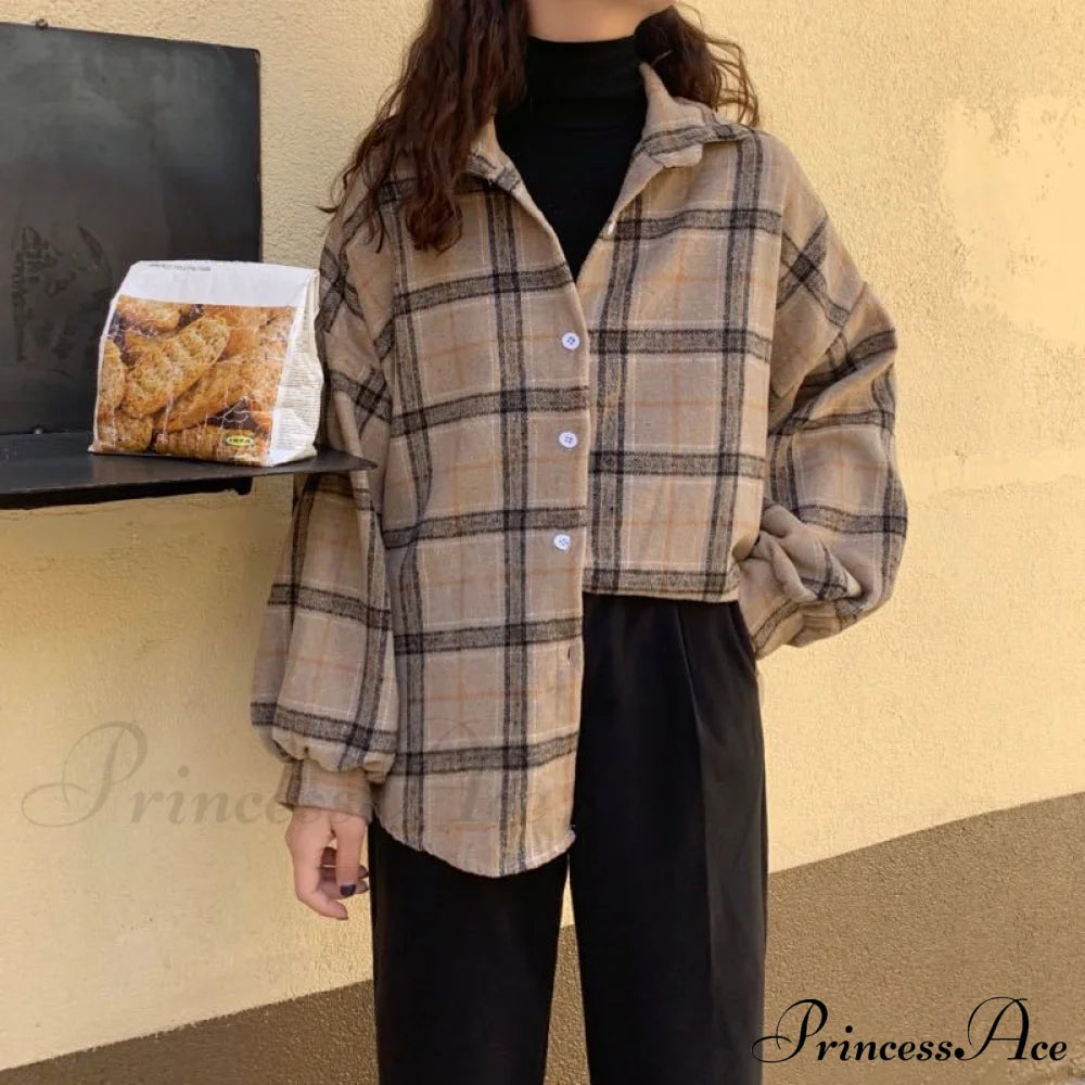 Turn-Down Style Spring - Women’s Plaid Outwear Loose 4 Neckline Blouse Harajuku With Fit