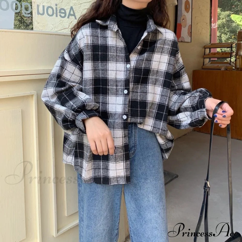 Turn-Down Style Spring - Women’s Plaid Outwear Loose 4 Neckline Blouse Harajuku With Fit