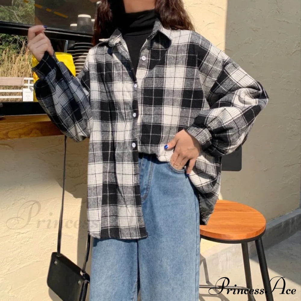 Turn-Down Style Spring - Women’s Plaid Outwear Loose 4 Neckline Blouse Harajuku With Fit
