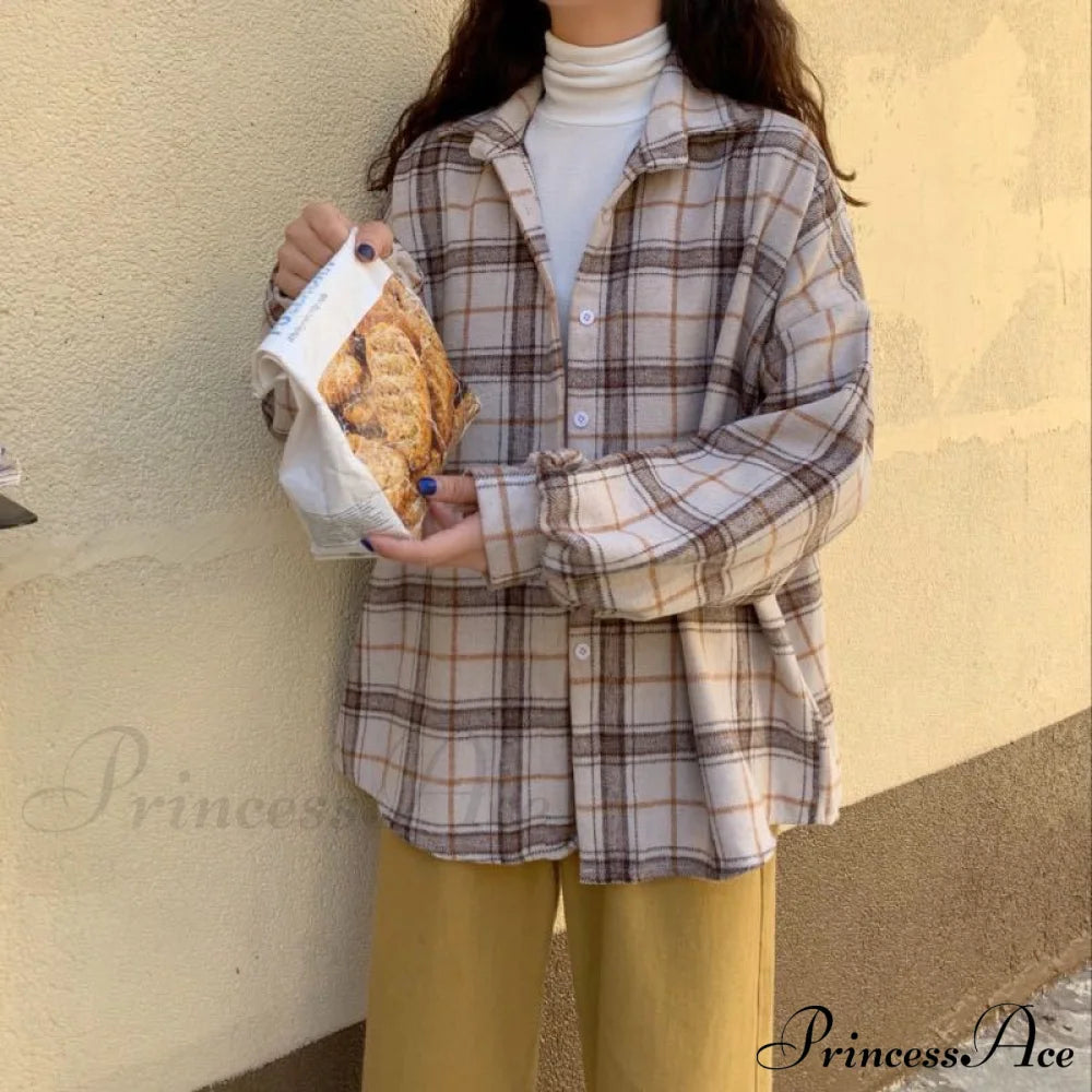 Turn-Down Style Spring - Women’s Plaid Outwear Loose 4 Neckline Blouse Harajuku With Fit