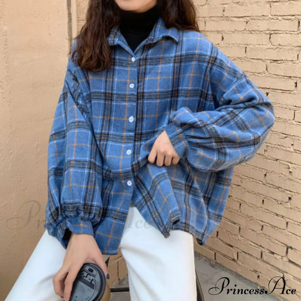 Turn-Down Style Spring - Women’s Plaid Outwear Loose 4 Neckline Blouse Harajuku With Fit