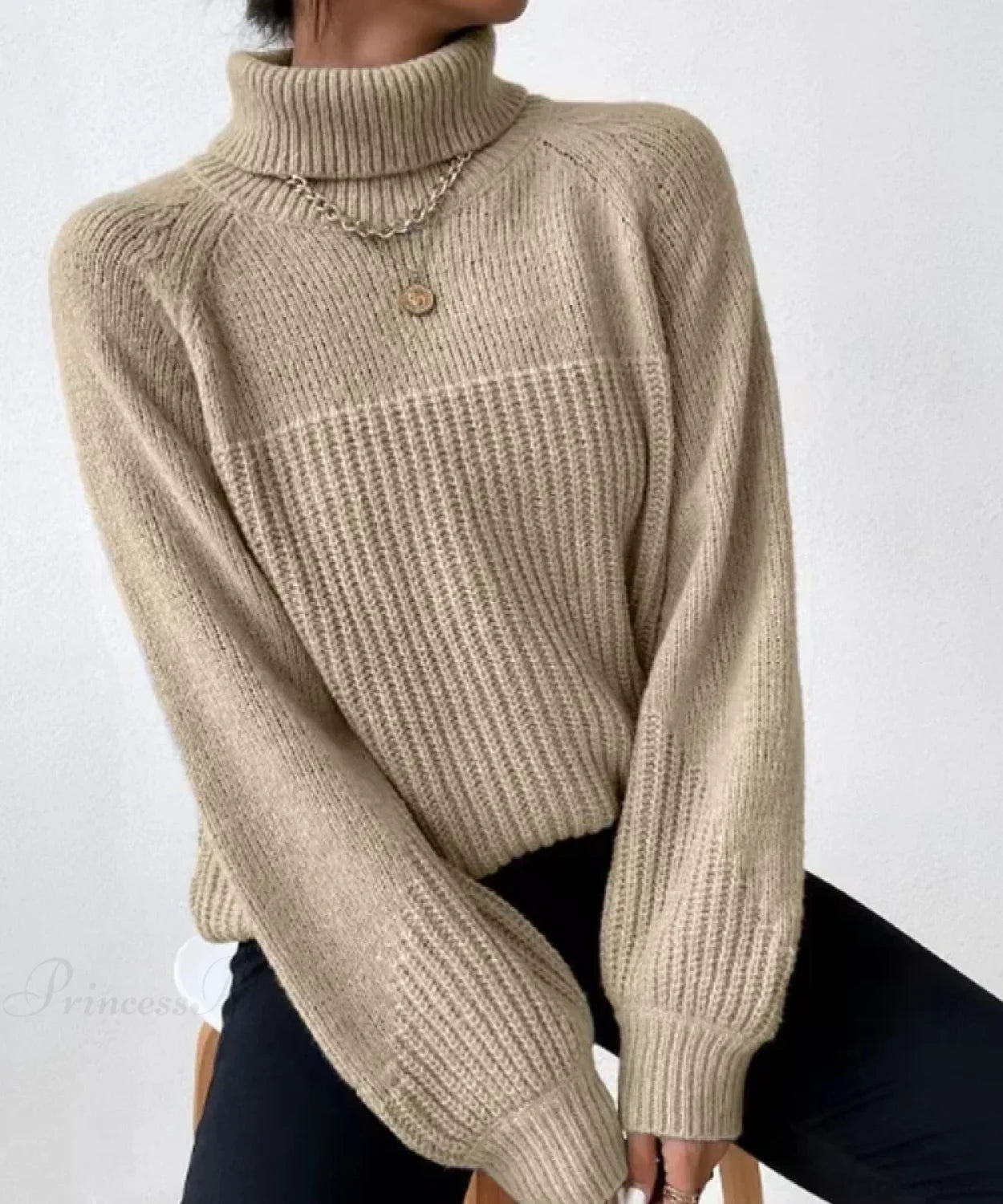 Turtleneck Cross Jacquard Sweater Khaki / S