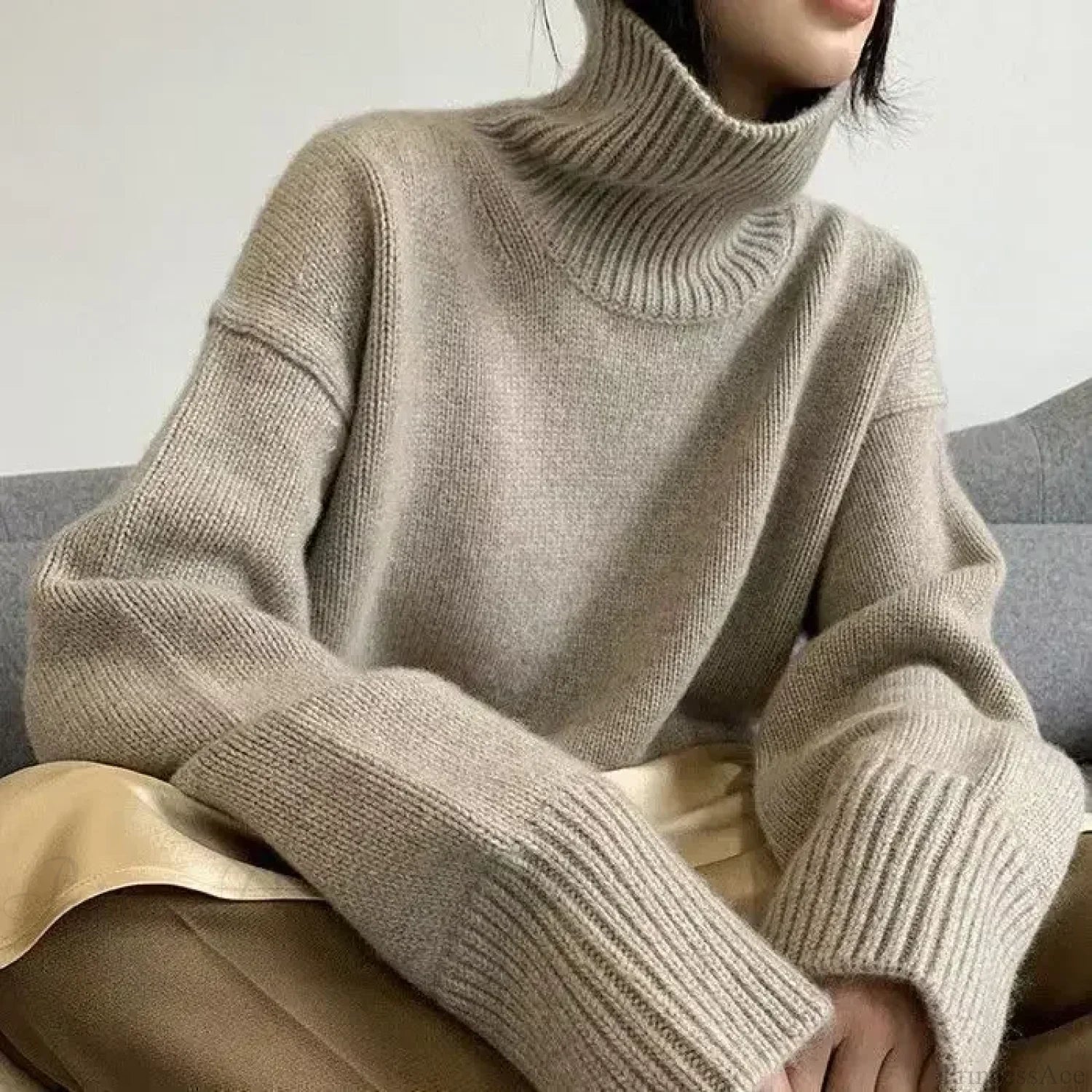 Turtleneck Elegant Gray Red Sweater