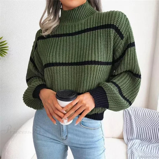 Turtleneck Lantern Sleeve Elegant Sweater Green / One Size