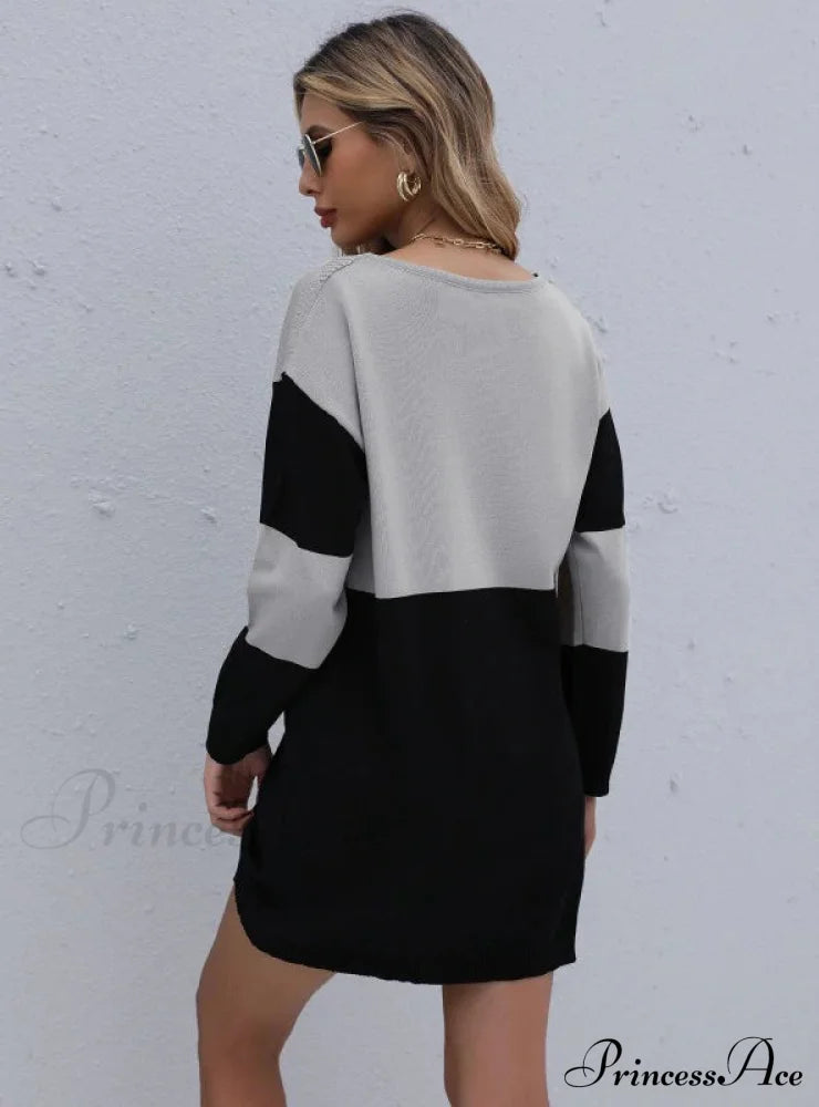 Turtleneck Loose Knit Stitching Sweater Dress S / Brown Sweater